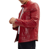 Red Leather Biker Jacket Men's with Quilted Details