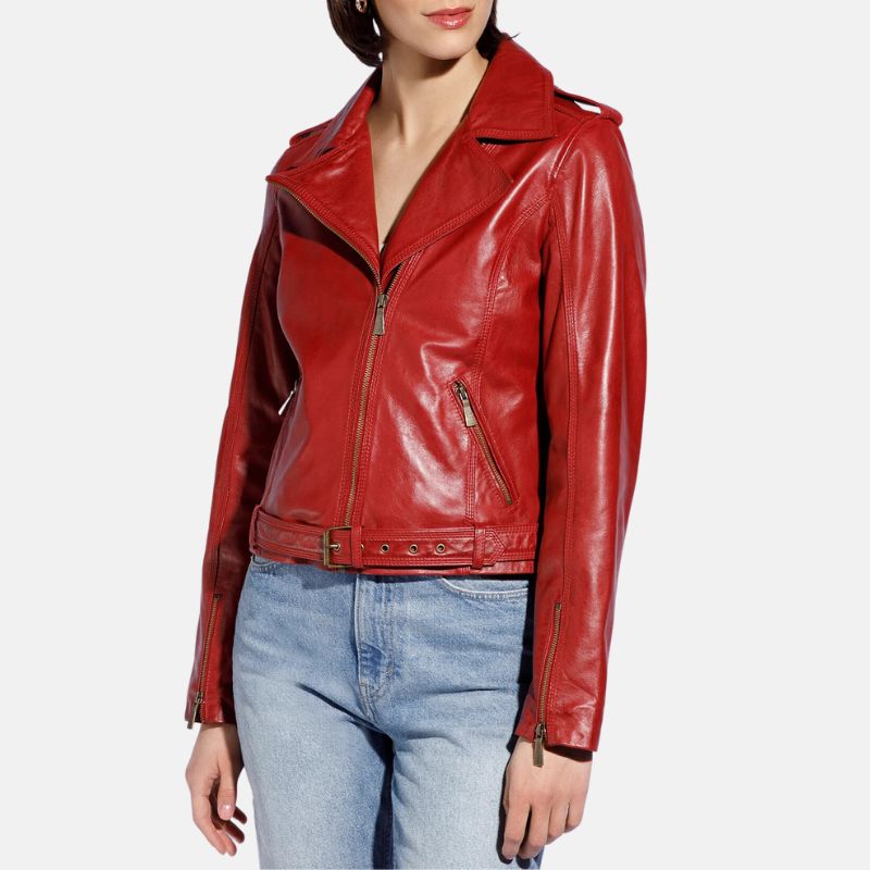 Biker Style Red Women's Leather Jacket