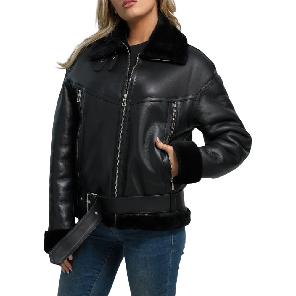 Womens Black B3 Shearling Aviator Leather Jacket