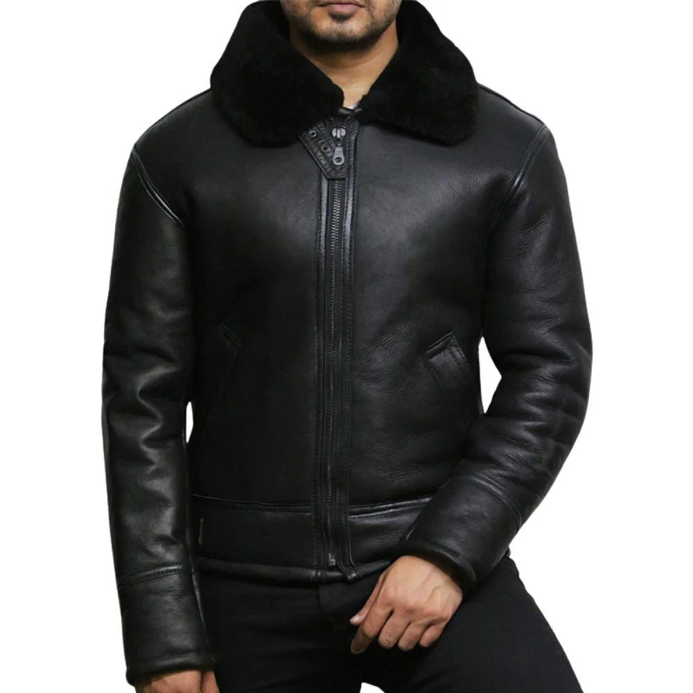 Men’s Sheepskin Fur Shearling Black Leather Jacket