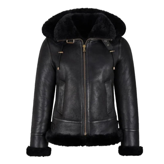 Womens Hooded Shearling Black Bomber Aviator Jacket