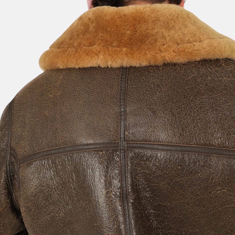 Distressed Brown Shearling Leather Bomber Jacket For Mens