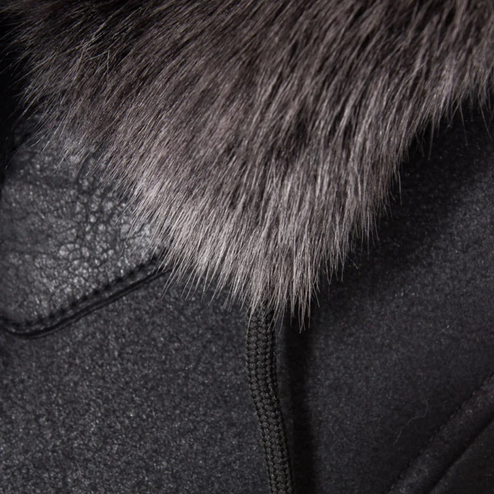 Women's Black Sheepskin Duffle Coat With Detachable Hood