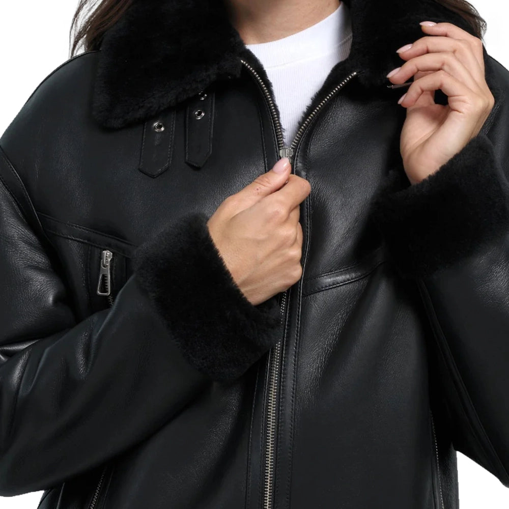 Womens Black B3 Shearling Aviator Leather Jacket