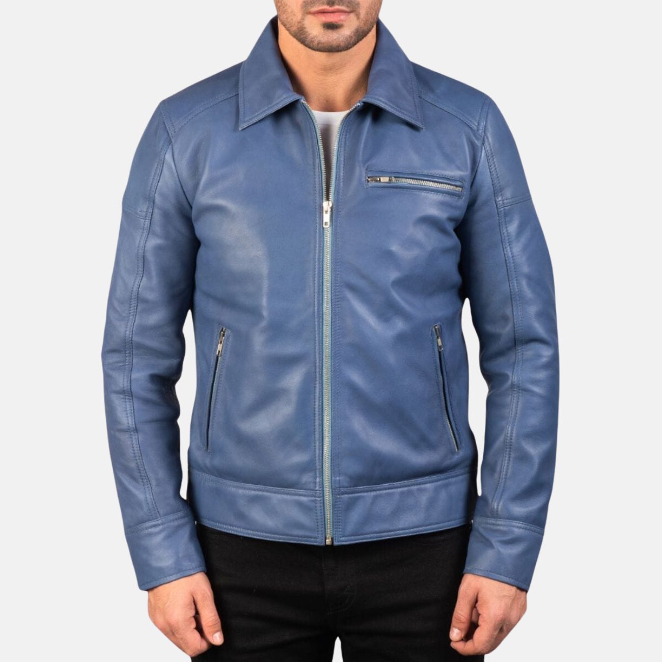 Shirt Collar Blue Leather Jacket Mens