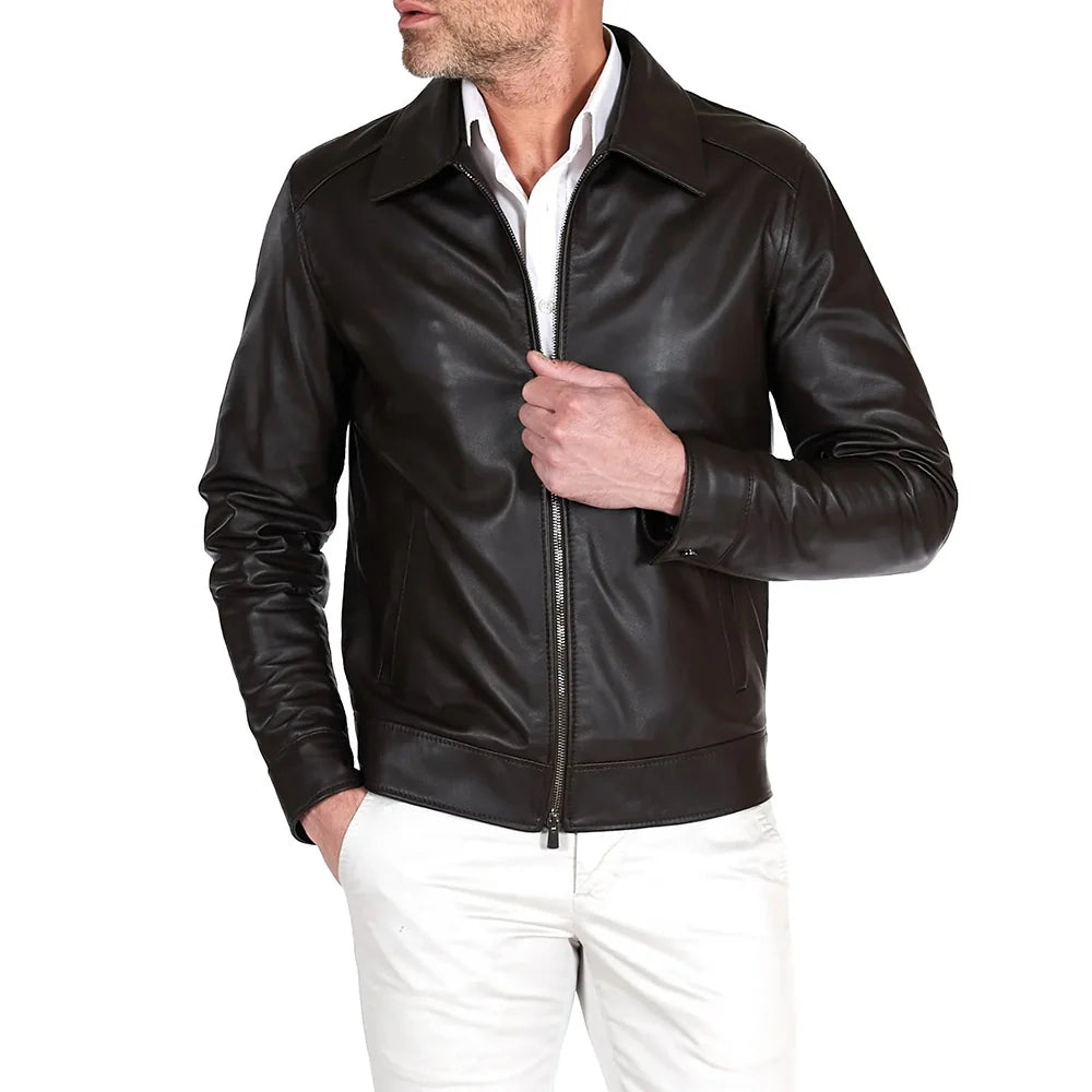 Mens John Chocolate Brown Shirt Collar Leather Jacket