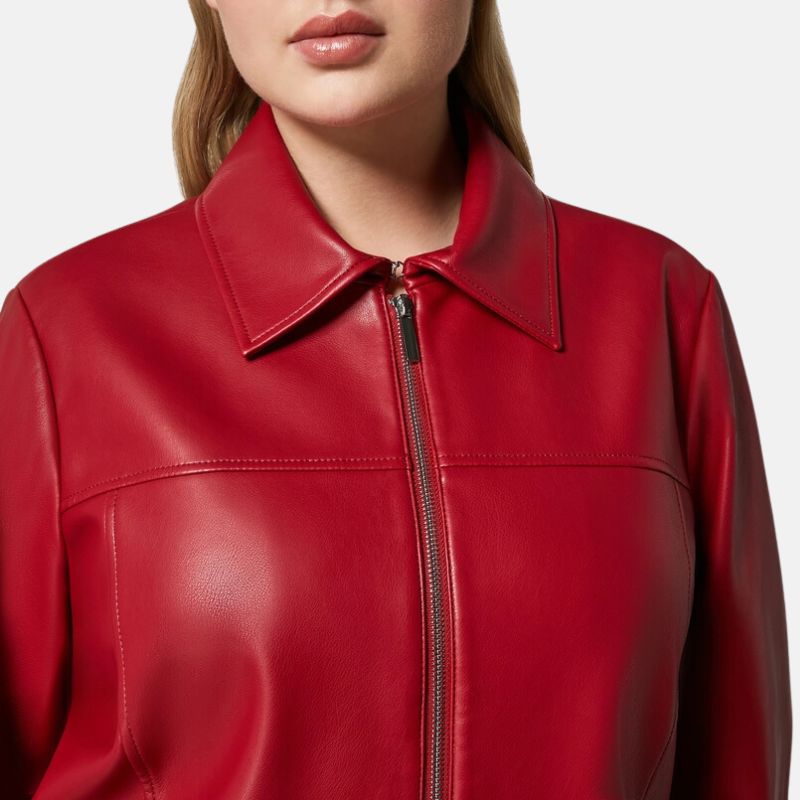 Shirt Collar Red Women's Leather Jacket