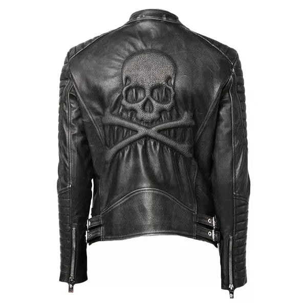 Black Asymmetrical Skeleton Leather Jacket Men's 