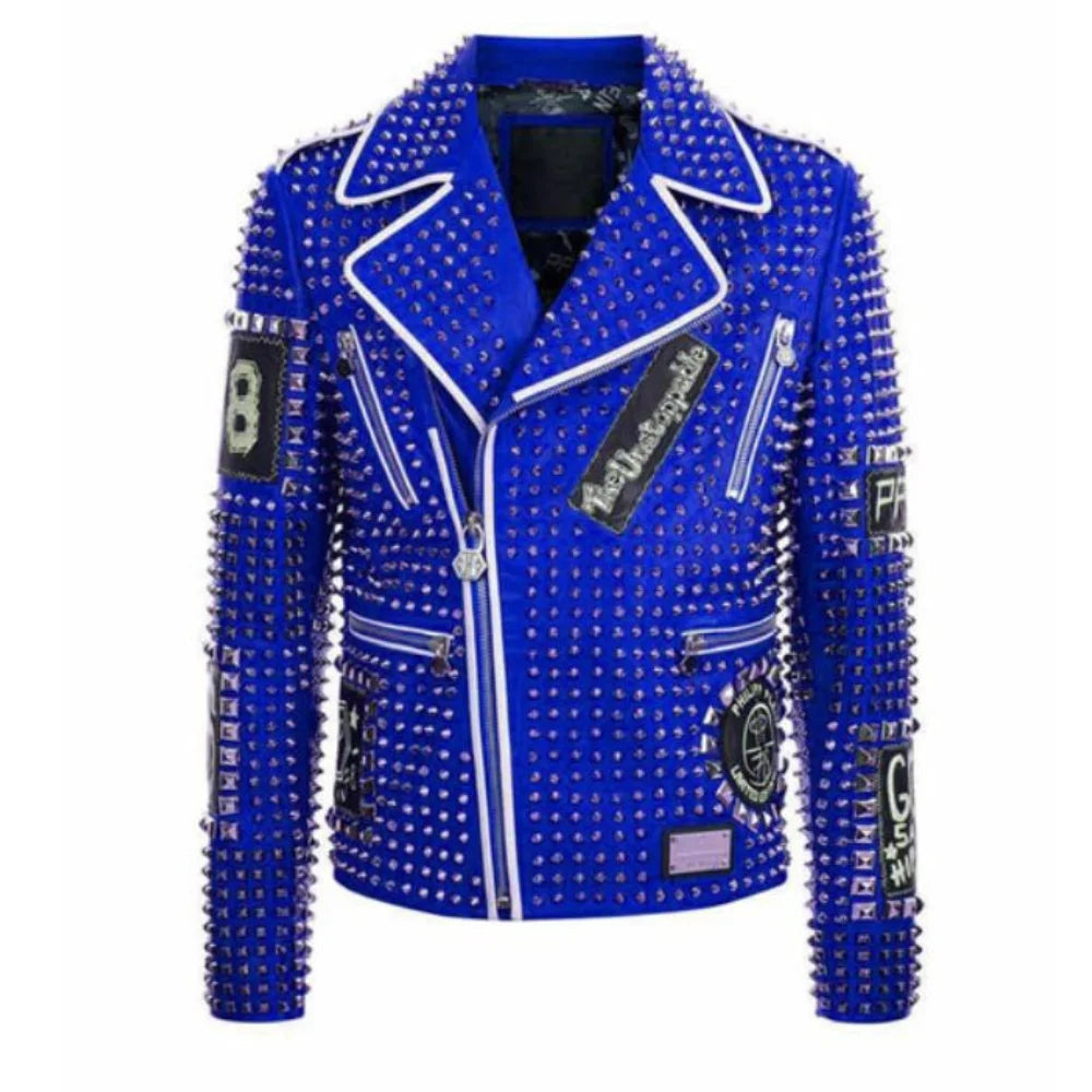 Men's Brando Black and Blue Studded Leather Biker Jacket