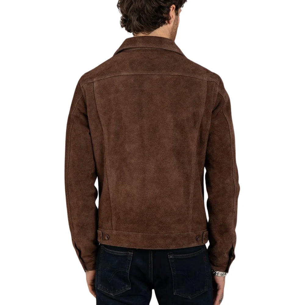 Men's Shirt Collar Dark Brown Suede Leather Trucker Jacket