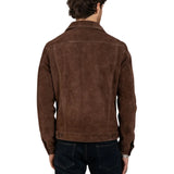 Men's Shirt Collar Dark Brown Suede Leather Trucker Jacket