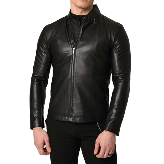 Mens Stand Up Collar Lambskin Lightweight Black Leather Jacket