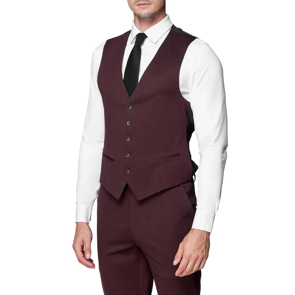 Men Burgundy Slim Fit Wool Solid Formal Three Piece Suit