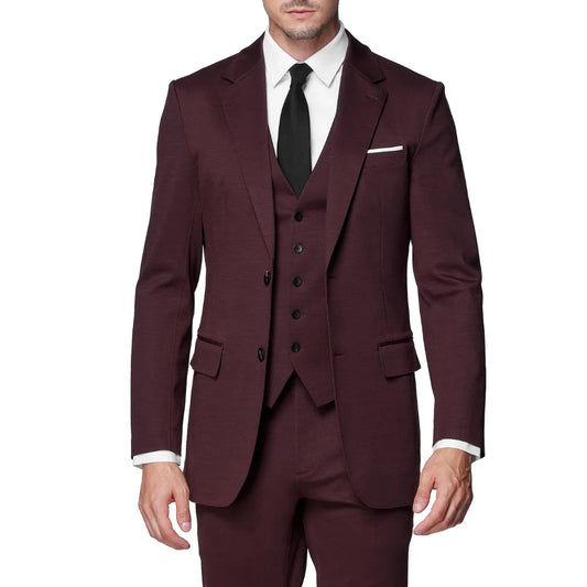 Men Burgundy Slim Fit Wool Solid Formal Three Piece Suit