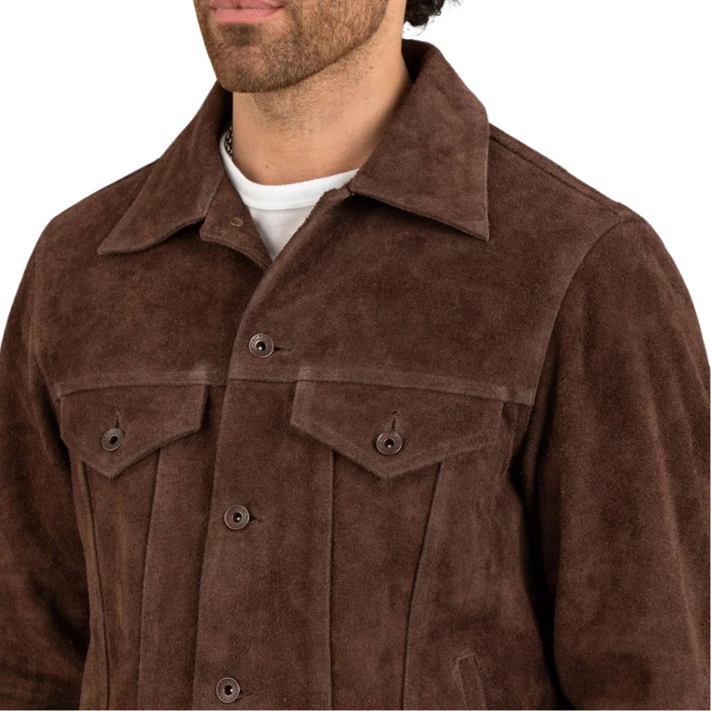 Men's Shirt Collar Dark Brown Suede Leather Trucker Jacket