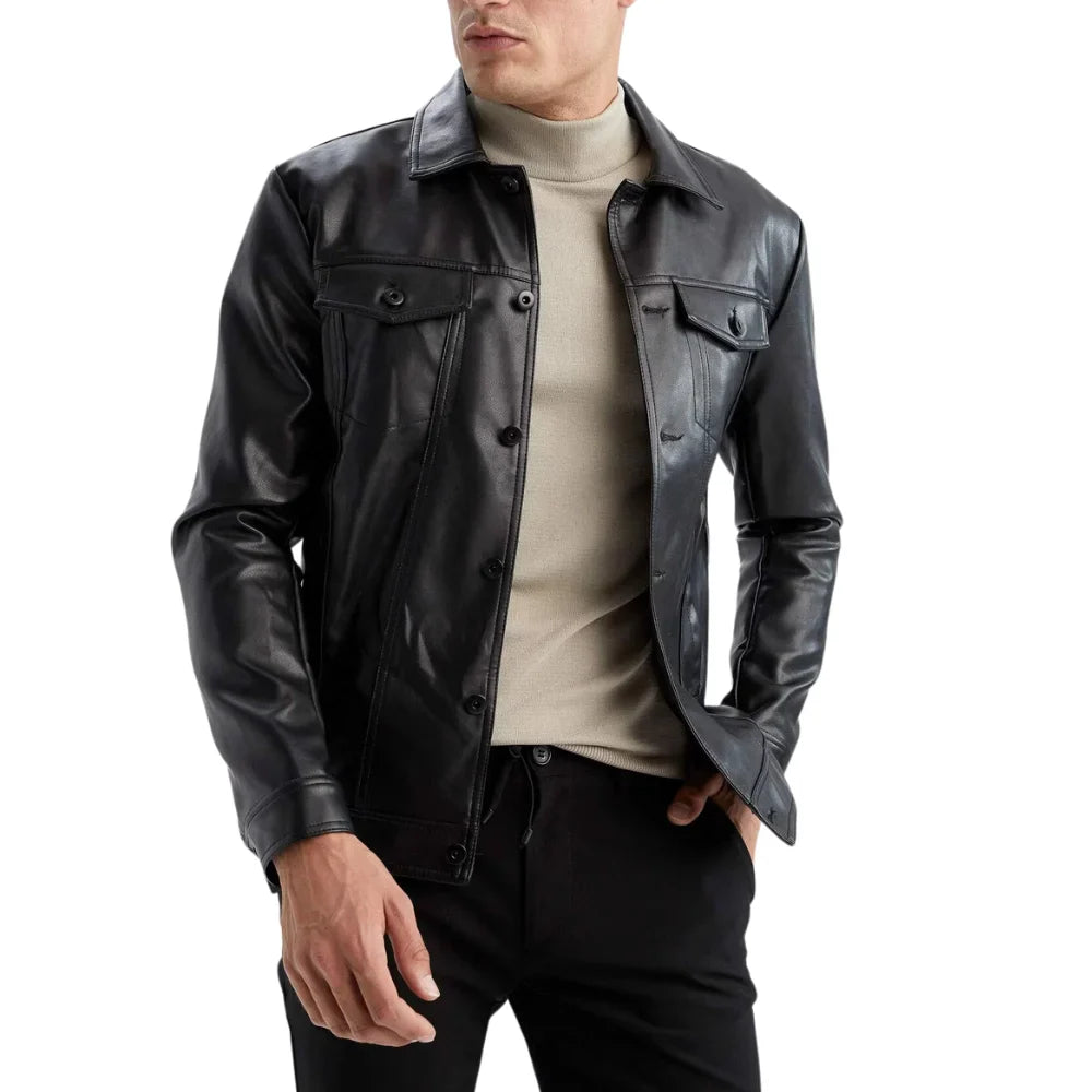 Holland Black Leather Trucker Jacket Mens