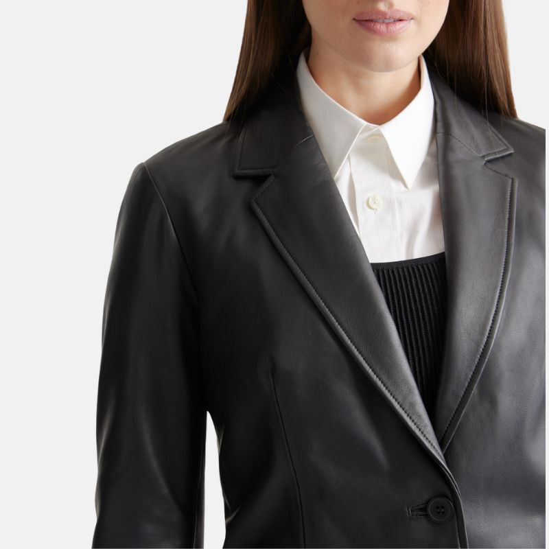 Two Button Black Leather Blazer Womens