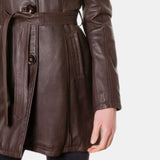 Vintage Long Length Belted Women's Sheepskin Brown Leather Coat