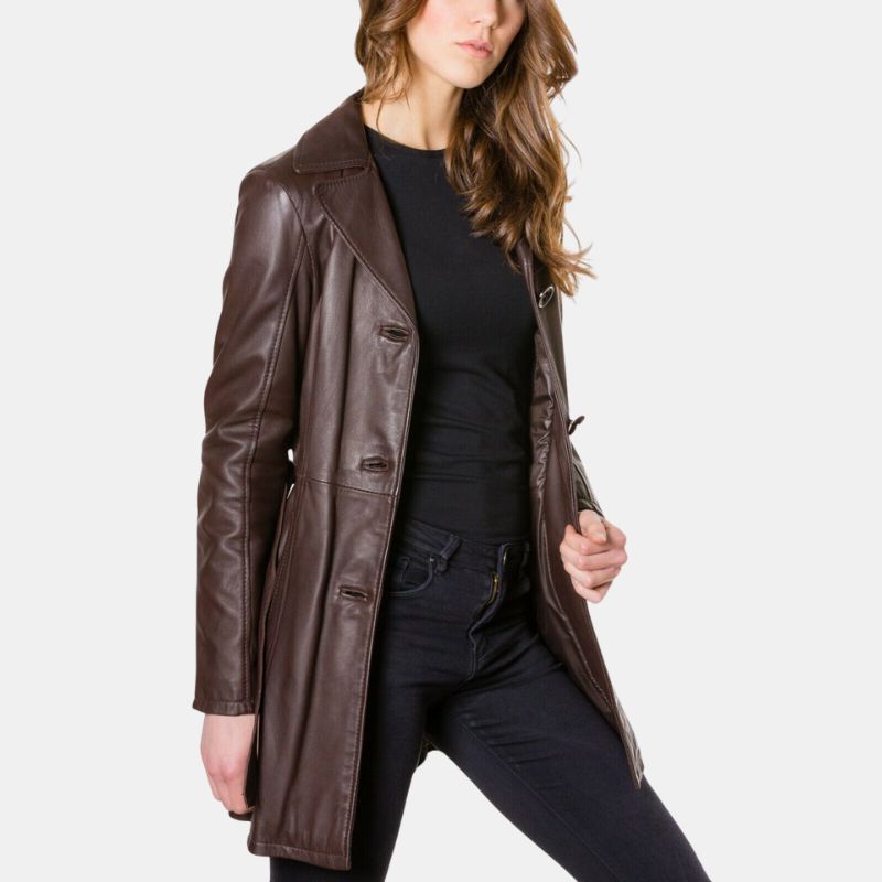 Vintage Belted Style Women’s Brown Leather Coat