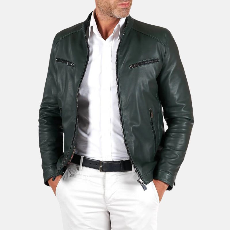 Green Snap Tap Leather Cafe Racer Jacket