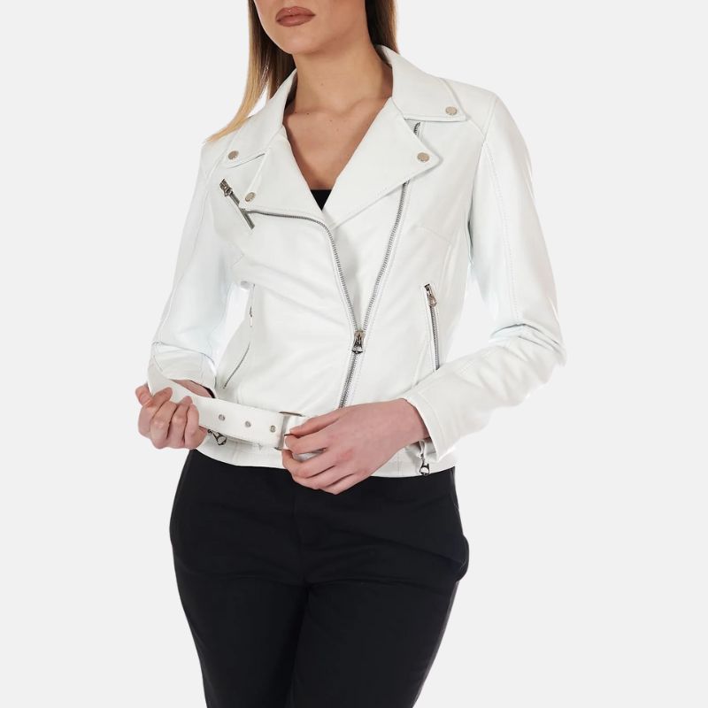 Moto Style White Leather Jacket Womens