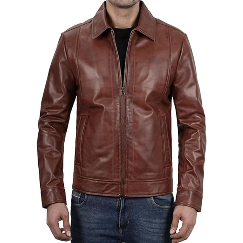 John Brown Leather Jacket With Classic Shirt Collar Men's