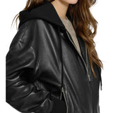 Women's Black Hooded Leather Bomber Jacket with Removable Hood