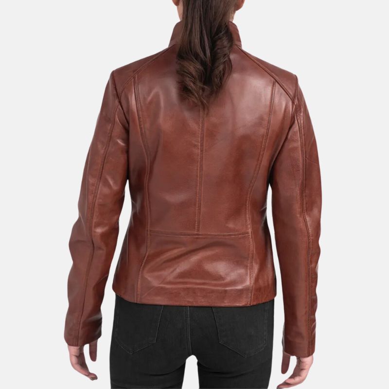 Dark Brown Asymmetrical Leather Biker Jacket For Womens