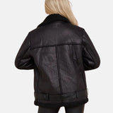 Black Belted Biker Fur Shearling Aviator Leather Jacket For Womens 