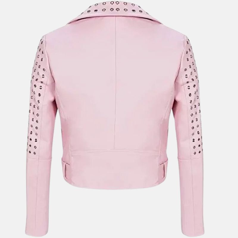 Barbie Pink Brando Biker Studded Leather Jacket For Womens