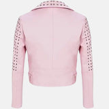 Barbie Pink Brando Biker Studded Leather Jacket For Womens