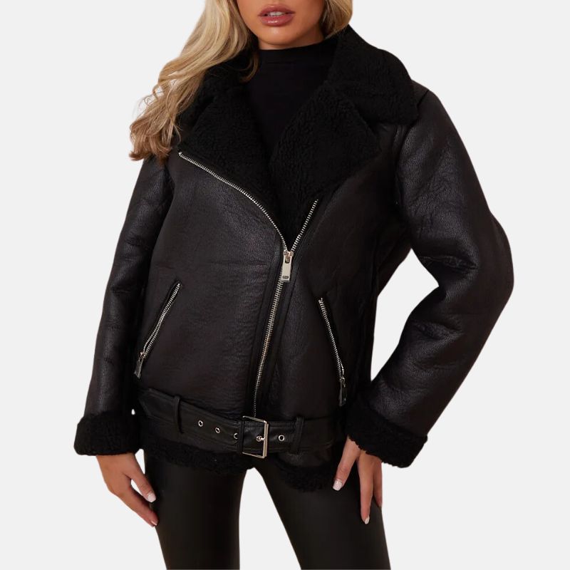 Womens Biker Aviator Black Shearling Leather Jacket