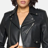 Womens Biker Cropped Black Leather Jacket