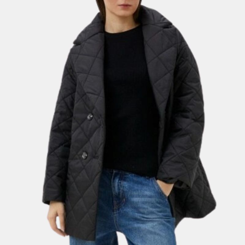 Womens Black Button Closure Quilted Coat