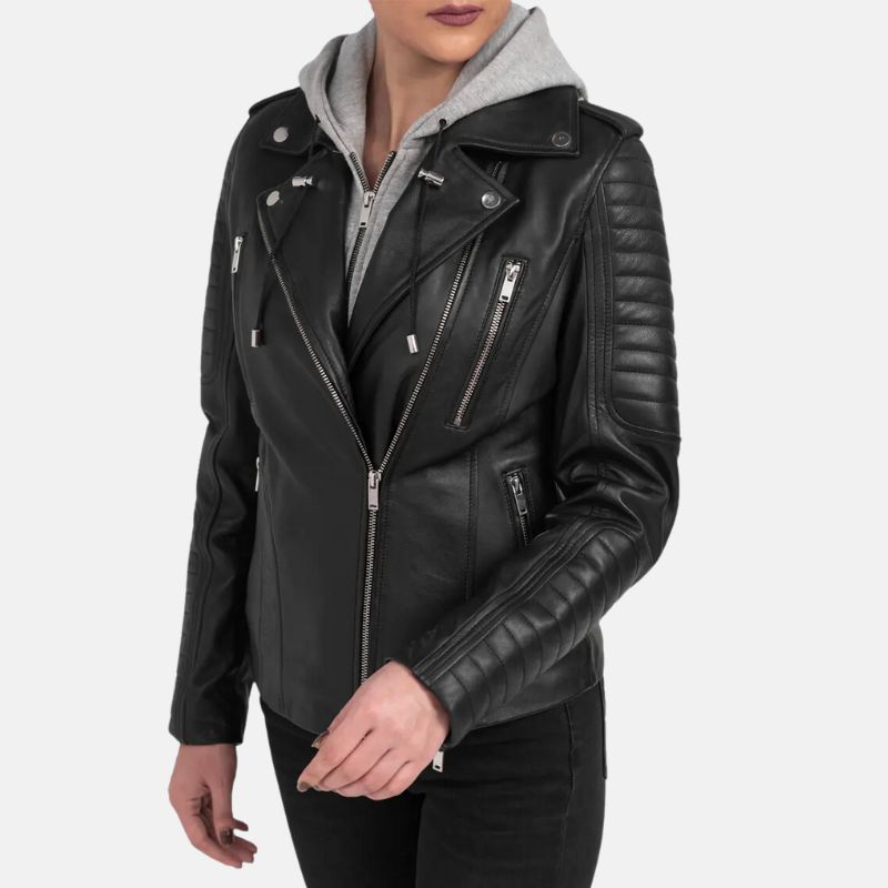 Black Quilted Moto Leather Jacket With Removable Hood For Womens