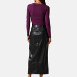 Black Leather Midi Skirt For Women's