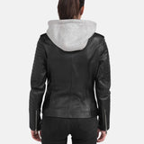 Black Moto Leather Jacket With Removable Hood For Womens