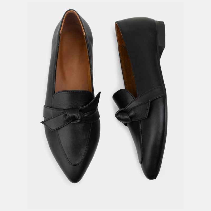 Pointed Toe Black Leather Flats With Knot