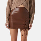 Brown Leather Lace Up Mini Skirt