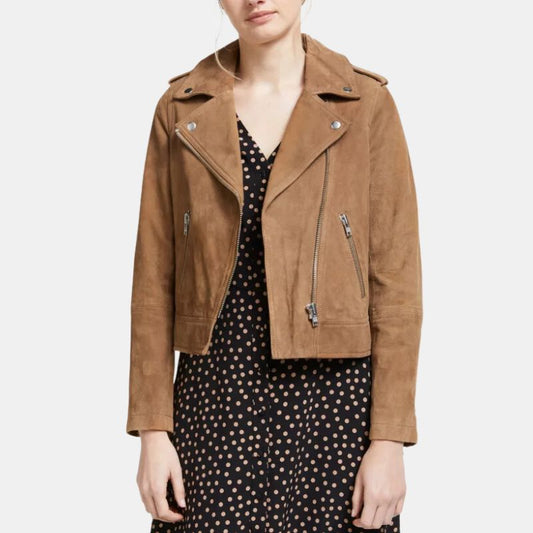 Women Brown Moto Suede Jacket