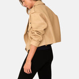 Beige Leather Cropped Jacket For Womens