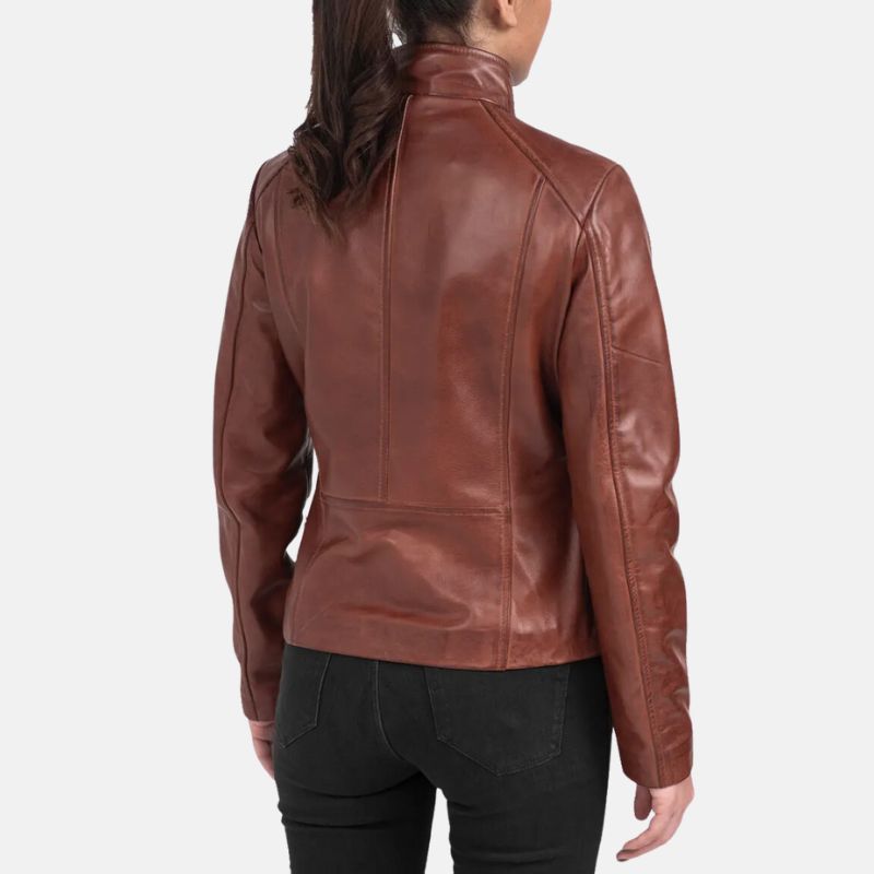 Dark Brown Asymmetrical Leather Biker Jacket For Womens