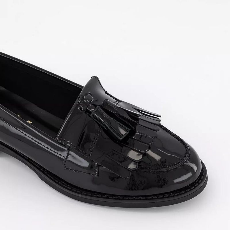 Womens Fringe Tassel Black Leather Loafers