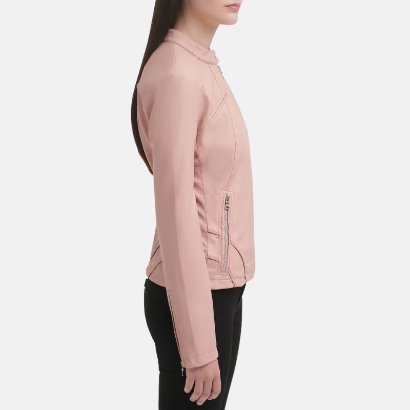 Cafe Racer Light Pink Leather Jacket For Womens