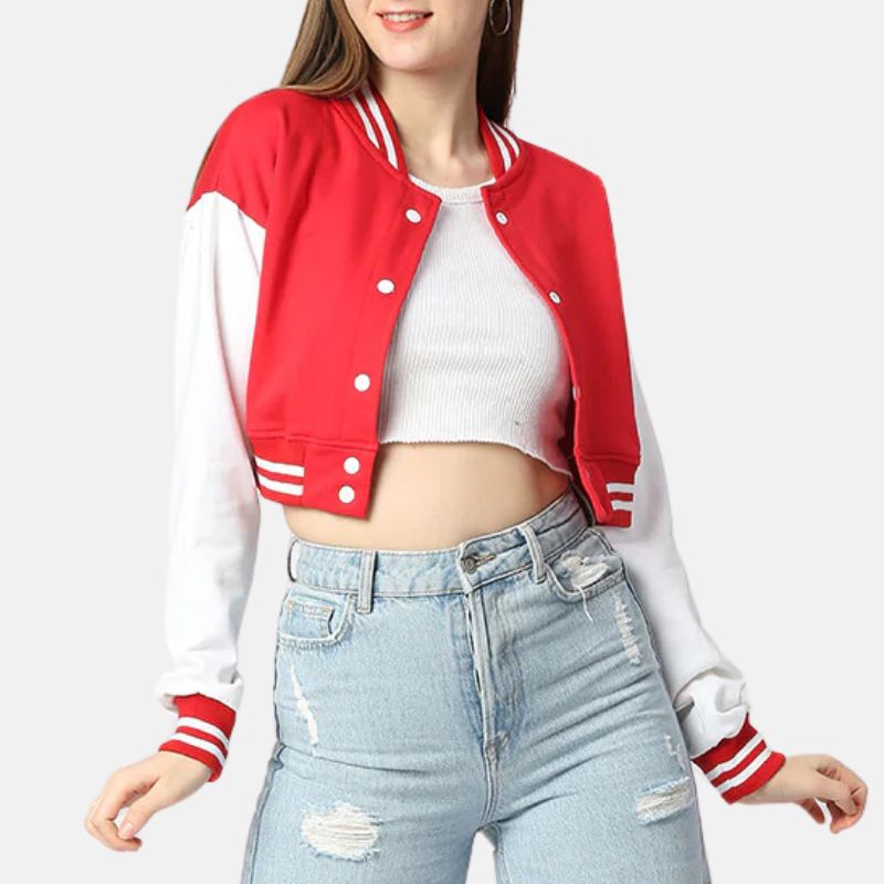 Womens Red and White Cropped Varsity Jacket