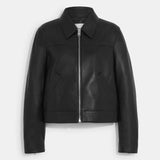 Womens Shirt Collar Leather Black Jacket