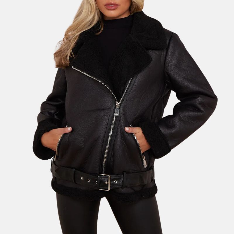 Black Belted Biker Fur Shearling Aviator Leather Jacket For Womens 