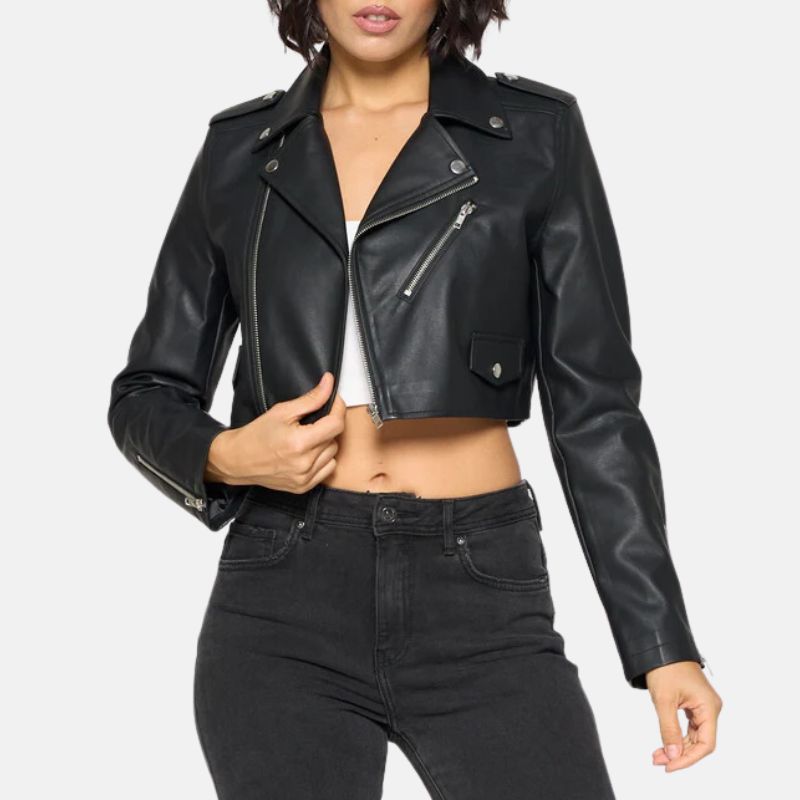 Womens Biker Cropped Black Leather Jacket