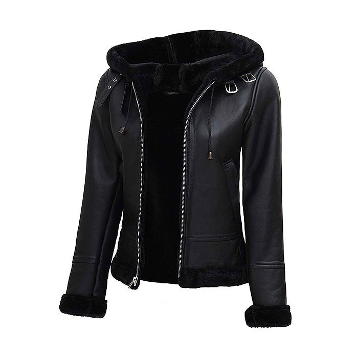 Black Bomber Jacket With Black Fur Hood for Women's