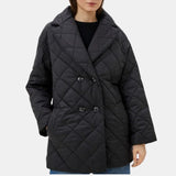 Womens Black Button Closure Quilted Coat